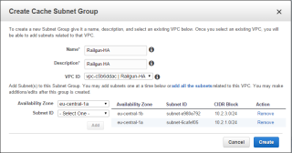 Figure 11: Create a Cache Subnet Group for Memcached 