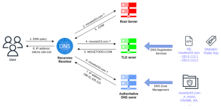 Figure 1: Components of a typical DNS setup for a domain, enabling recursive lookups of records. 